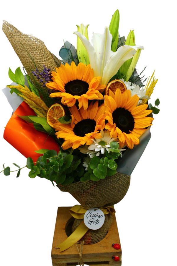 1234=Sunflower and lilies bouquet